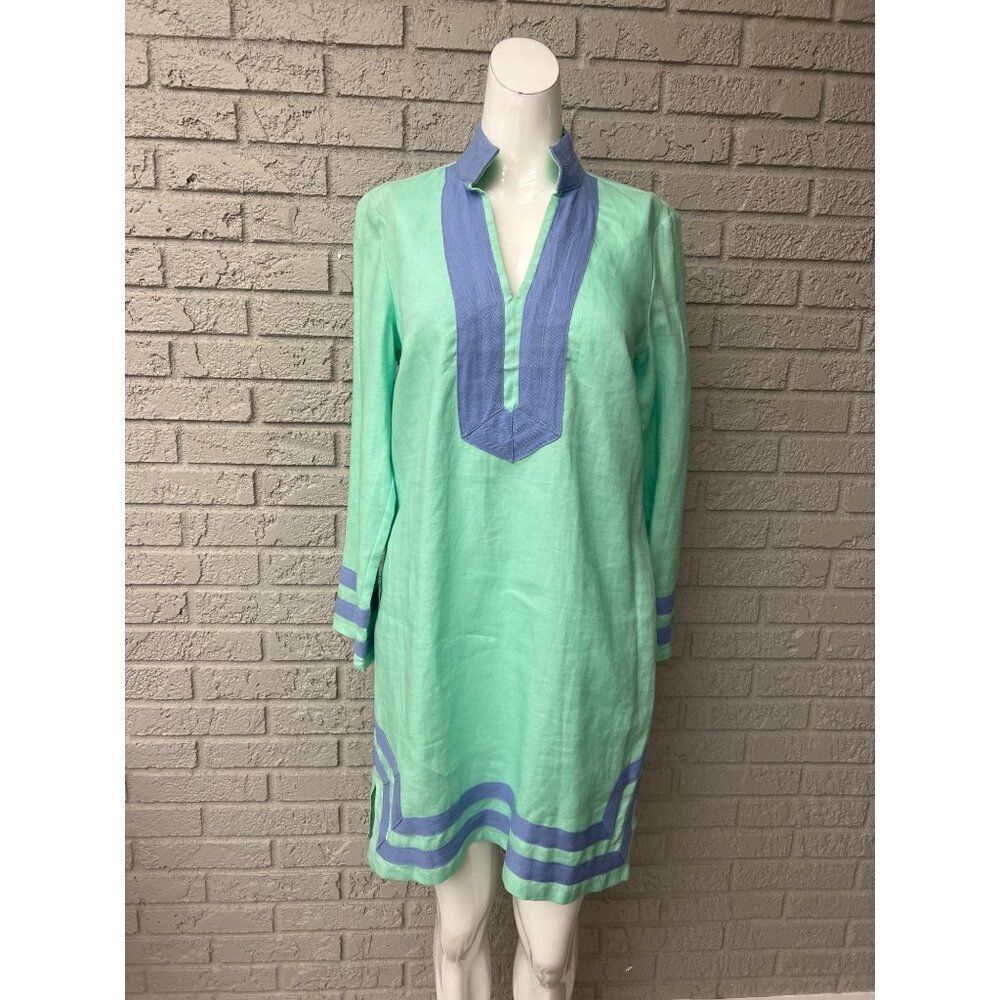 Sail To Sable Women Preppy Blue Mint Green Linen Tunic Dress Size S